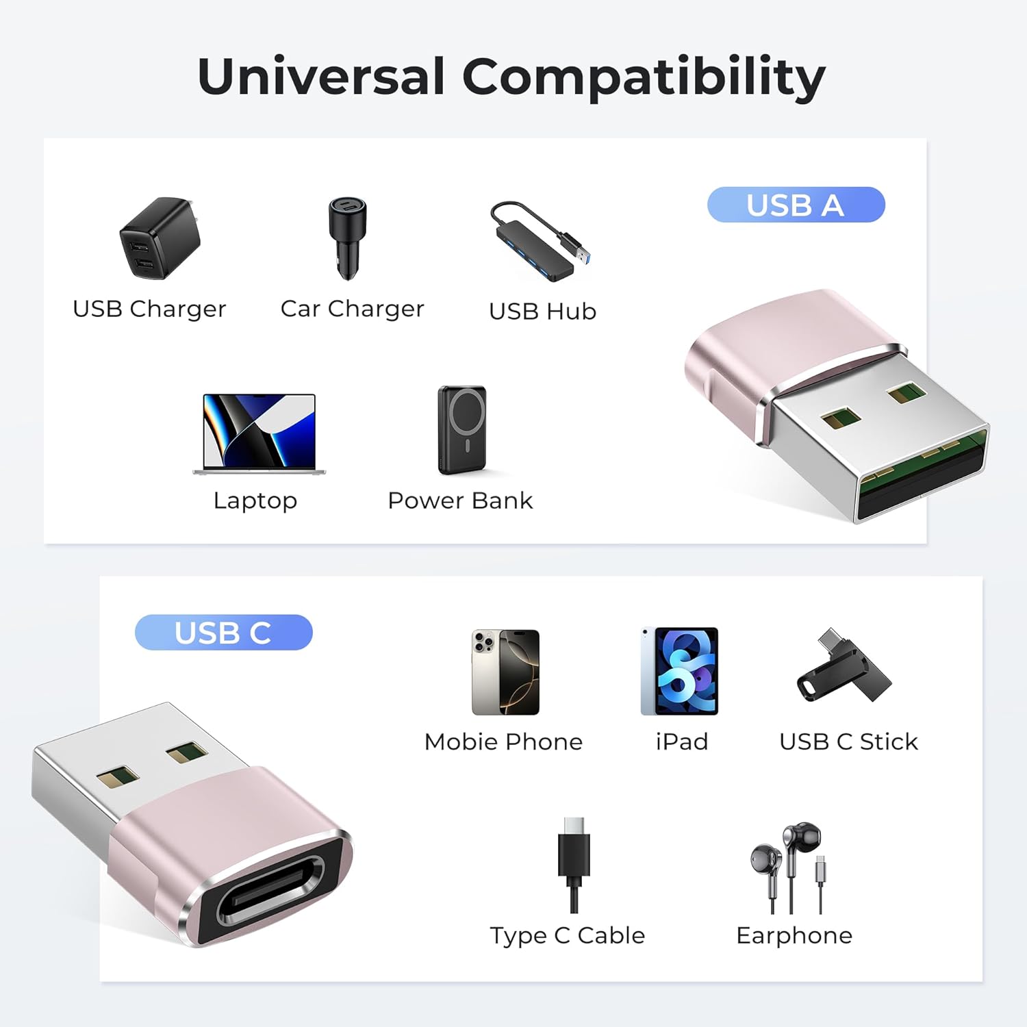 Pink USB to USB-C Adapter 3-Pack – Type-C Female to USB-A Male Charger Converter for iPhone 11–16 Pro Max/Plus, Apple Watch Ultra/8/7, AirPods 2/3, iPad 8th–10th Gen, Air 4/5, Mini 6