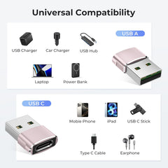 Pink USB to USB-C Adapter 3-Pack – Type-C Female to USB-A Male Charger Converter for iPhone 11–16 Pro Max/Plus, Apple Watch Ultra/8/7, AirPods 2/3, iPad 8th–10th Gen, Air 4/5, Mini 6