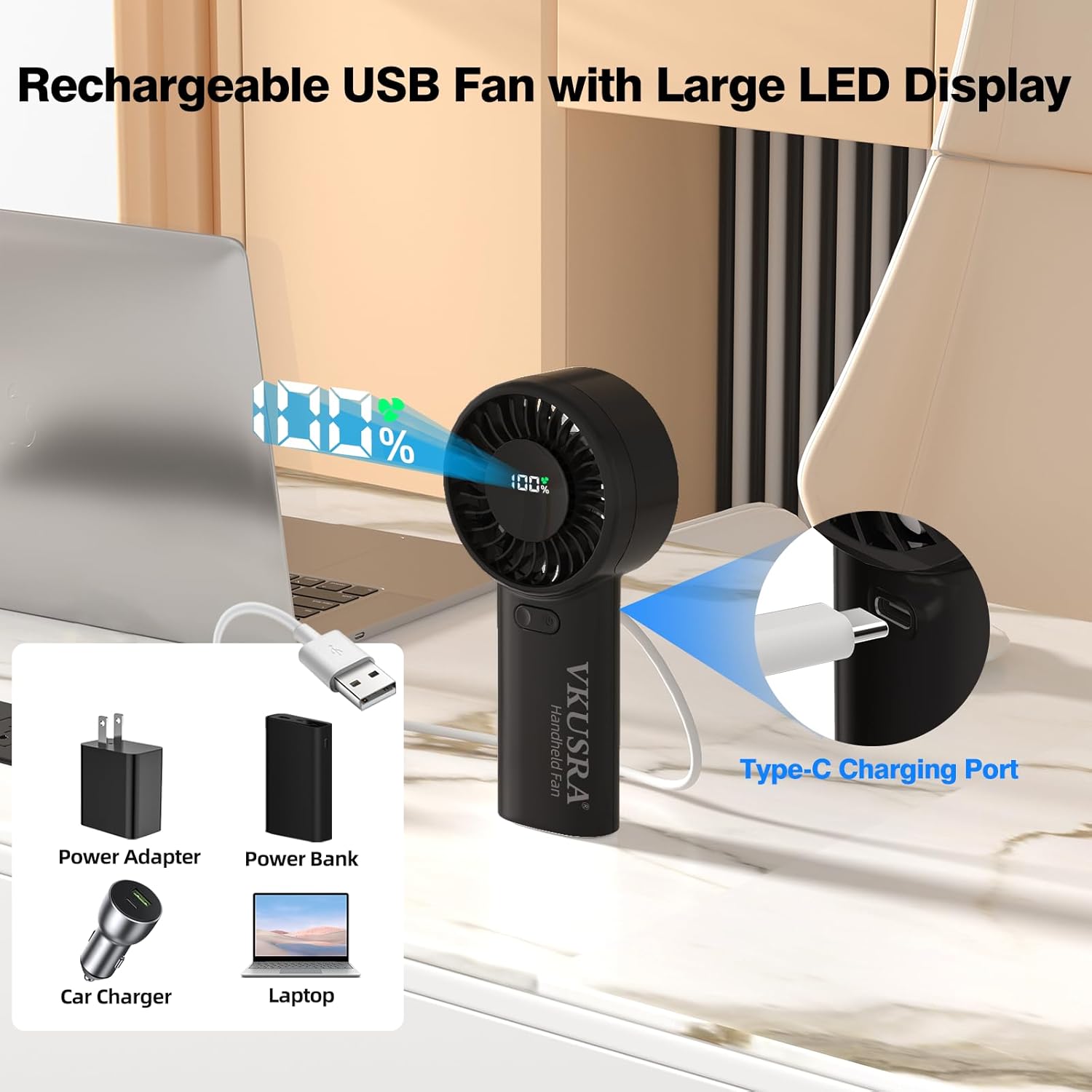 VKUSRA Portable Handheld Fan, Powerful Hand Fan with 6000mAh Battery & Adjustable 1-100% Speeds, Cooling Rechargeable USB Fan with Large Screen Display, Stable Desk Fan for Home, Office, Travel