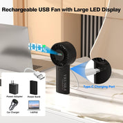 VKUSRA Portable Handheld Fan, Powerful Hand Fan with 6000mAh Battery & Adjustable 1-100% Speeds, Cooling Rechargeable USB Fan with Large Screen Display, Stable Desk Fan for Home, Office, Travel