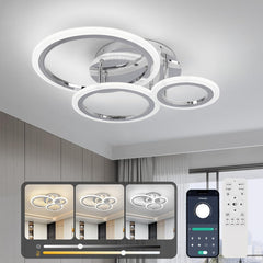 Modern ceiling light fixture with smartphone app interface on a neutral background