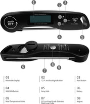 Digital Meat Thermometer Black – Instant Read Food Thermometer with Backlight & Foldable Probe