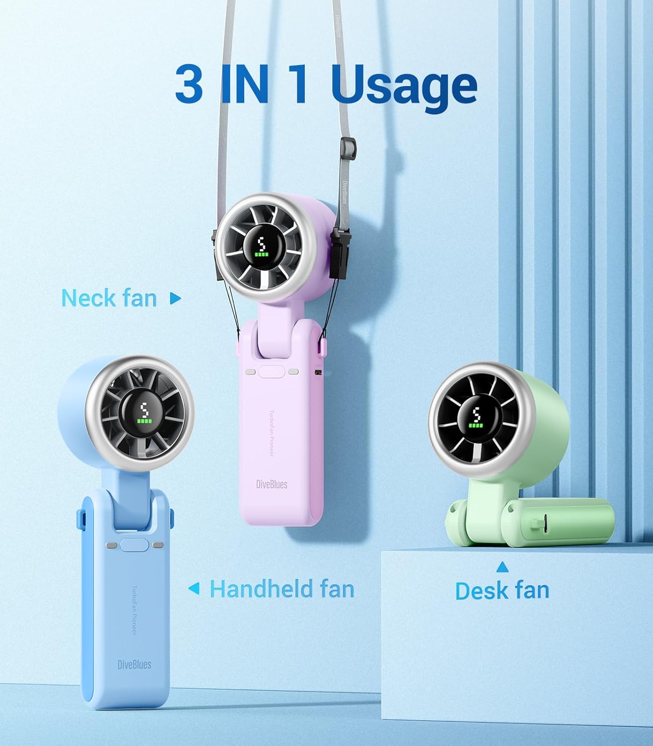 Diveblues Portable Handheld Fan, High-Speed Turbo Portable Fan, LED Display, Up to 12 Hours, 4000mAh Battery, 5 Wind Gear, Rechargeable small Hand Fan for Travel/Commute/Outdoor, Gifts for Women