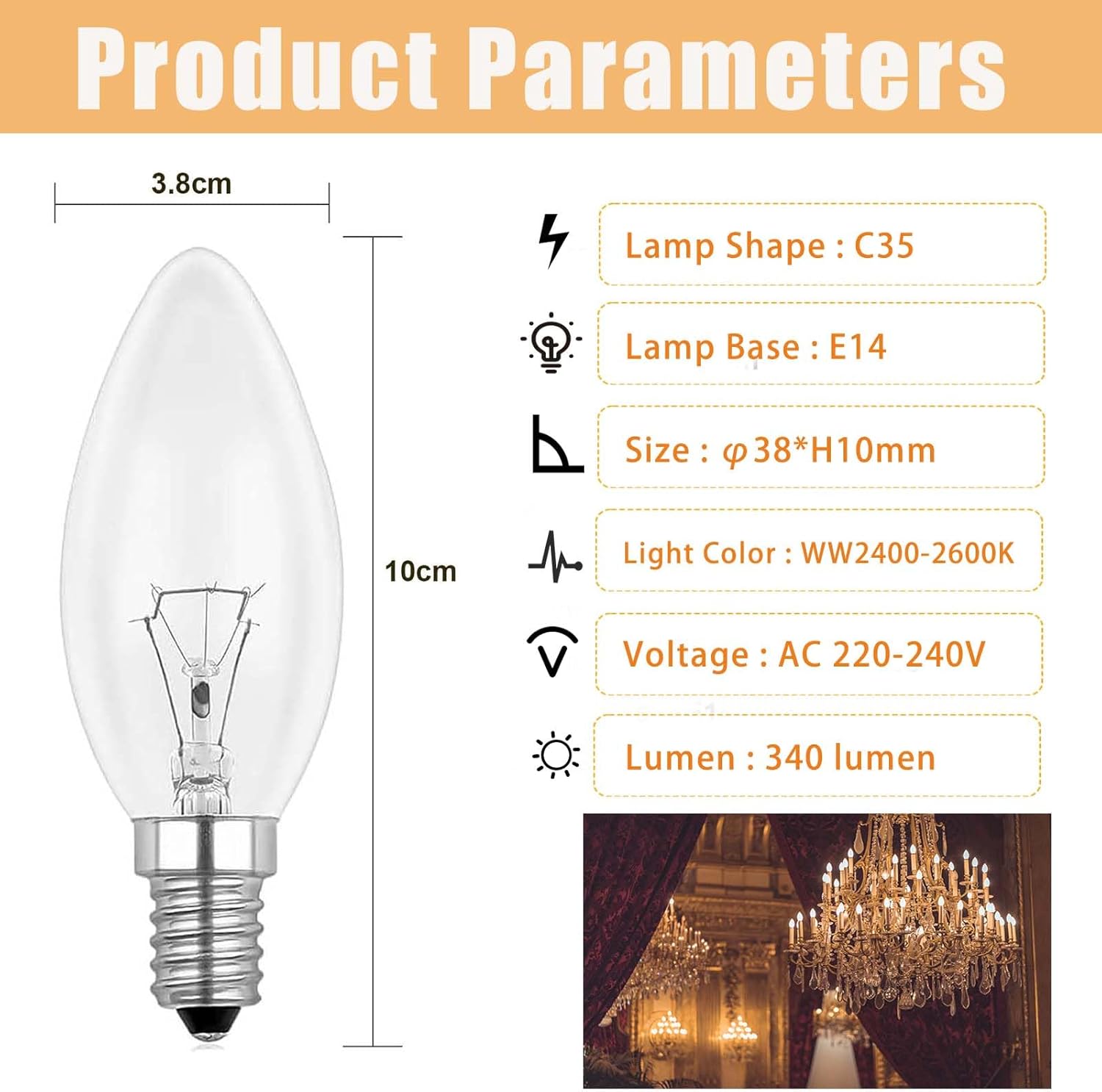 3-Pack E14 SES Candle Light Bulbs, 40W Dimmable C35 Small Edison Screw Bulbs, Clear Glass, Warm White 2700K, 230V for Home and Decorative Fixtures