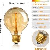Vintage-style light bulb with dimensions, specifications, and base type on a white background