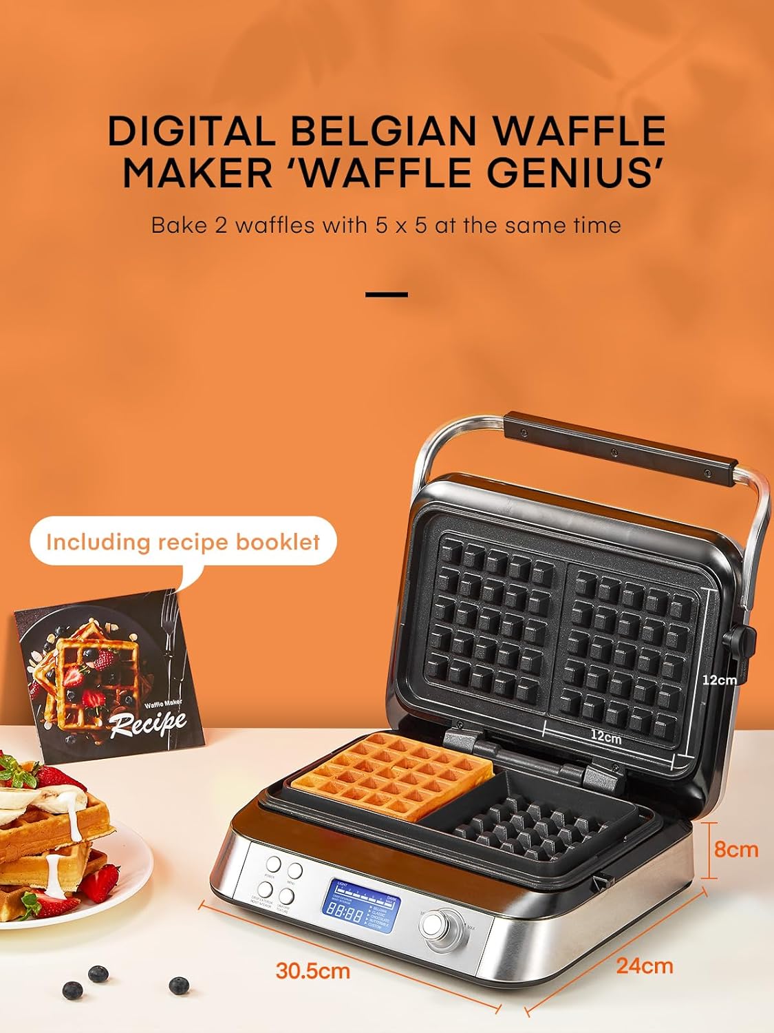 Smart Waffle Maker 1600W – Digital Display, 7 Browning Levels, 5 Presets, Non-Stick, Family Size, Timer & Alerts – Silver