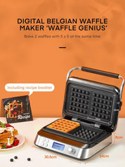 Smart Waffle Maker 1600W – Digital Display, 7 Browning Levels, 5 Presets, Non-Stick, Family Size, Timer & Alerts – Silver