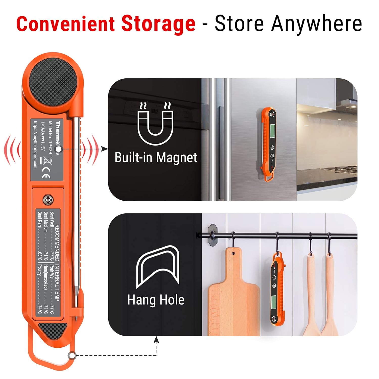 TP03H Orange Digital Meat Thermometer – Fast, Waterproof & Foldable