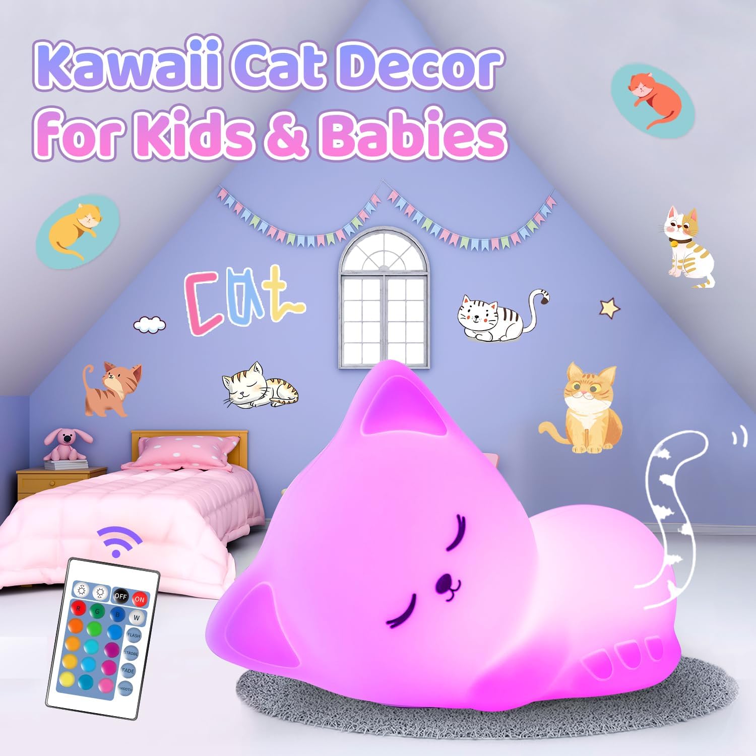 Baby Night Light Kids Lamp, Remote, 16 RGB Colors Cat Night Light, USB Rechargeable Night Light for Newborns, Girls Night Light Kids Bedroom Accessories