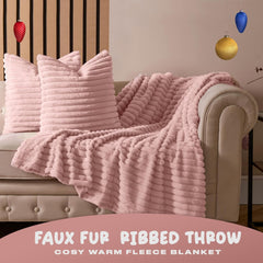 OHS Faux Fur Ribbed Pink Throw – Soft, Warm, Thick Fleece Blanket for Sofa & Bed, 125x150cm