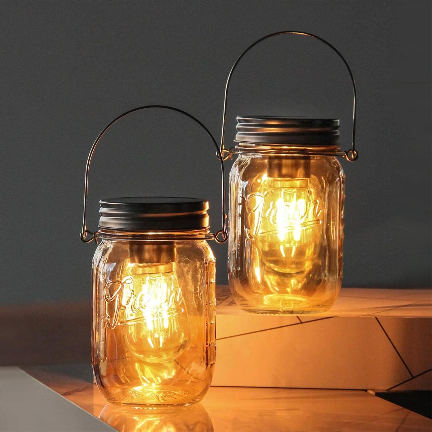 2-Pack Mason Jar Hanging Lights - Outdoor Garden Lanterns with LED Bulbs, Battery Operated, Auto Timer, Ideal for Patio, Indoor, Camping, Picnic, Party, and Hallway (Amber)