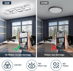 Comparison of LED ceiling lights with smartphone showing flicker issue in a modern office setting.