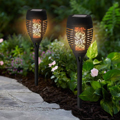 2-Pack 36 LED Solar Torch Lights: Dancing Flickering Flame Effect, Waterproof Stake Stick Lights for Outdoor Garden and Landscape Path, Black