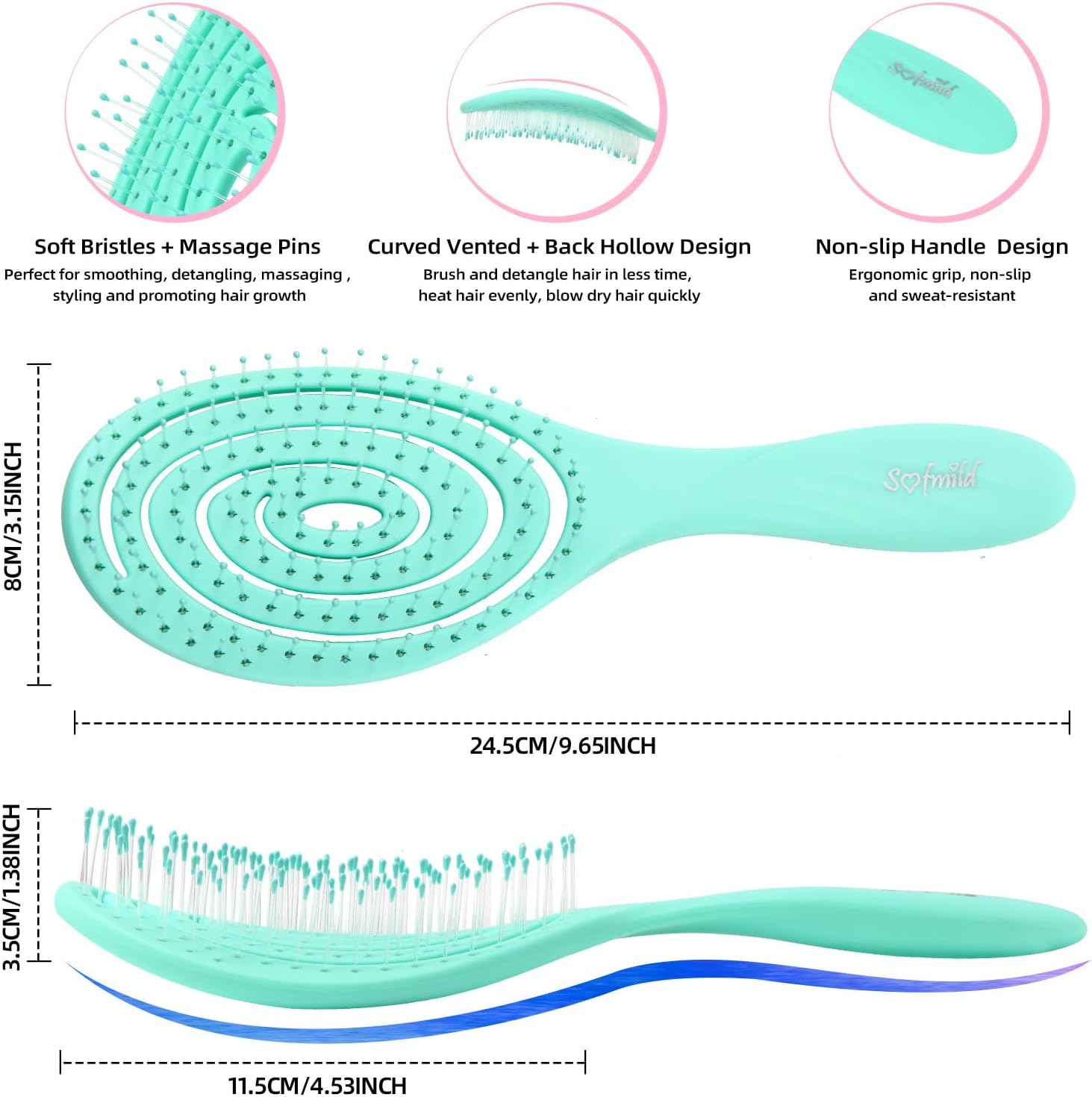2 Pcs Bio-Friendly Detangling Hair Brush with Soft Bristles for All Hair Types