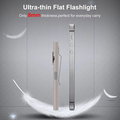 Ultra-thin flat flashlight with 8mm thickness on a gray background