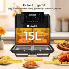 LLIVEKIT 15L Dual Air Fryer Oven – 2600W, 12-in-1, Rotisserie, SYNC Finish & Dual Cook, 8 Accessories, LED Touch Screen