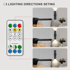 Remote control with lighting directions settings displayed on a bedroom background