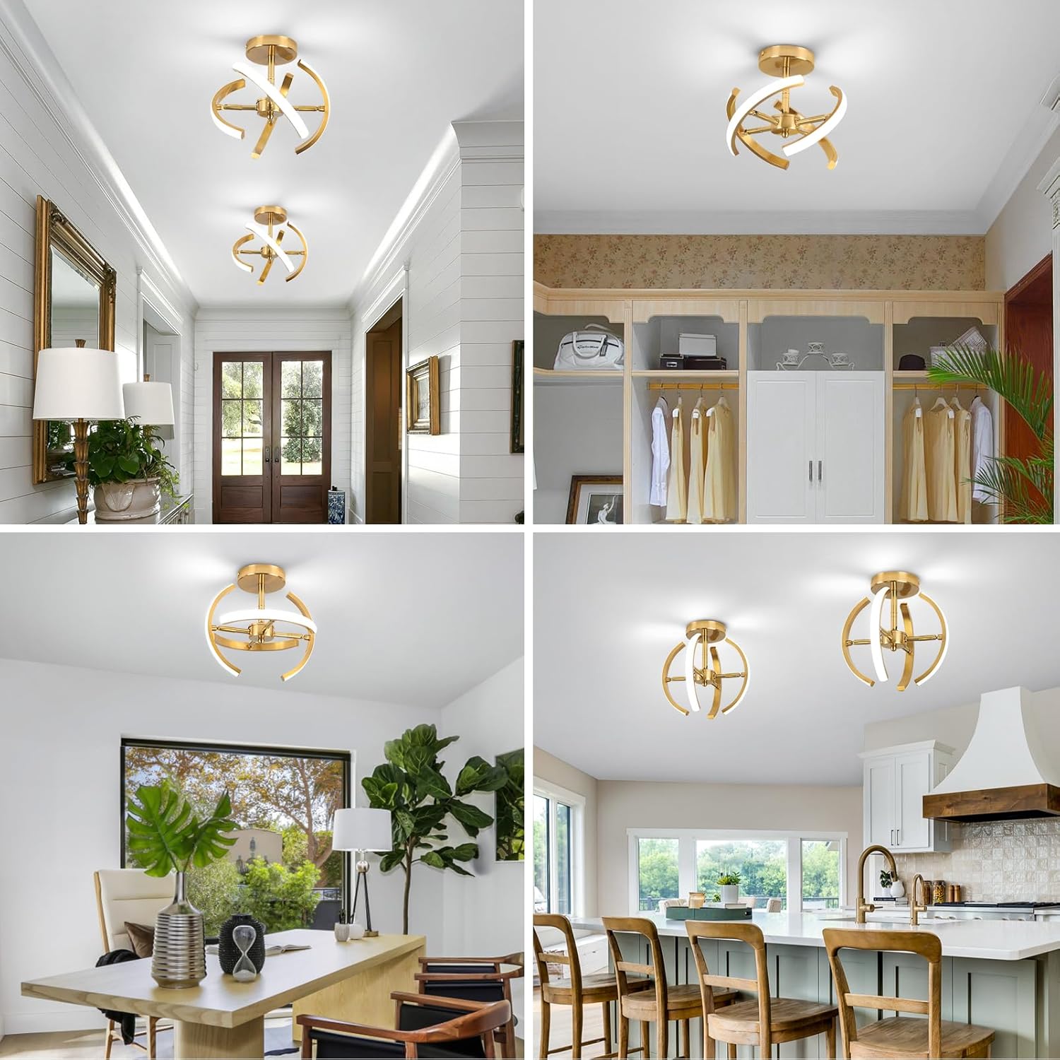 LED Ceiling Light, Elegant Gold Curved Design with 4 Strips, 22W Modern Ceiling Fixture for Hallway, Office, Bedroom, Kitchen, Living Room, Dining Room (Cool White 6000K)