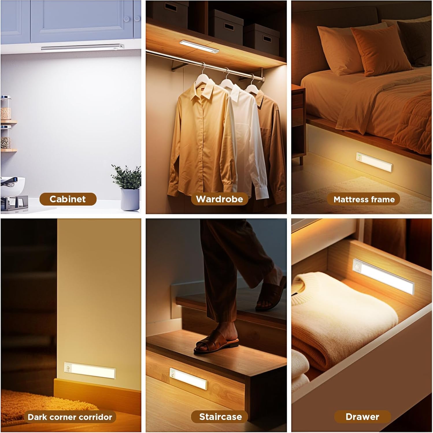Collage of LED lights in various locations including a cabinet, wardrobe, mattress frame, dark corner corridor, staircase, and drawer.