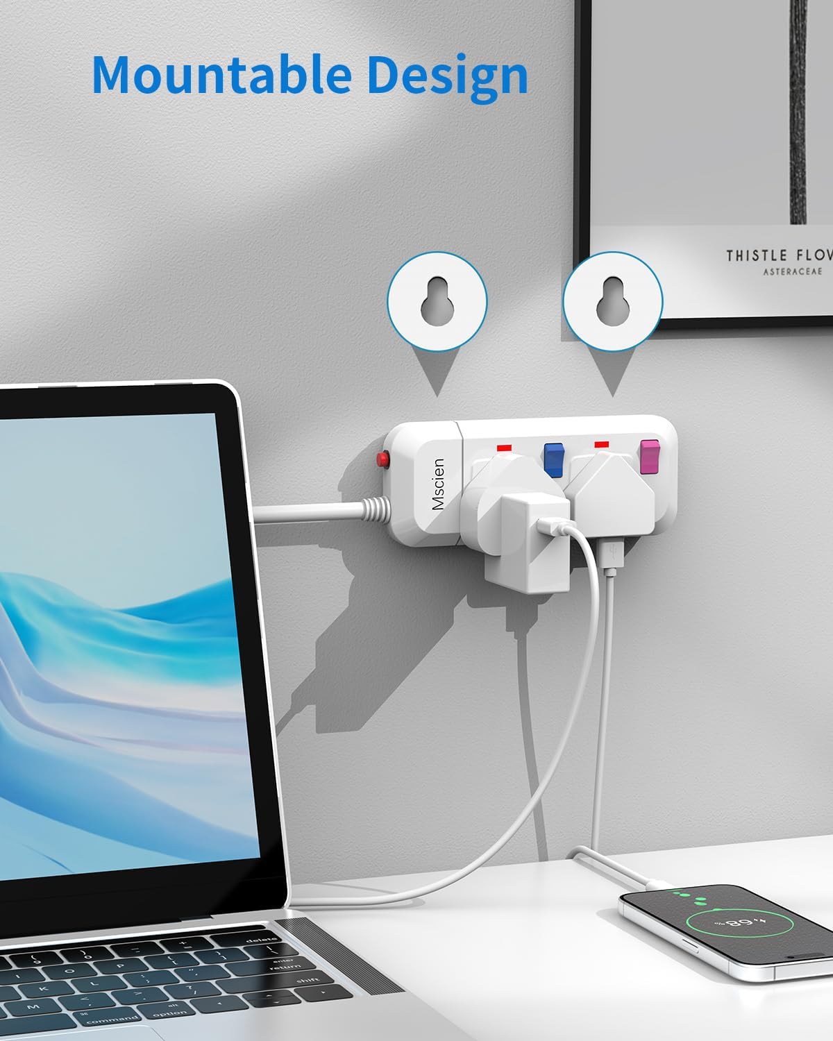 2-Way Extension Lead with Individual Switches, Overload Protection & 1.5M Wall-Mount Cable