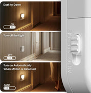 Motion Sensor Plug-In Night Light – 3 Modes (On/Off/Auto), Adjustable Brightness 30-100LM, 3000K Warm White LED, 1 Pack