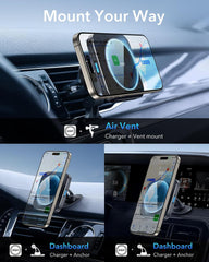 MagSafe Car Mount Charger 15W Fast Charge with 36W Dual USB-A Adapter Black