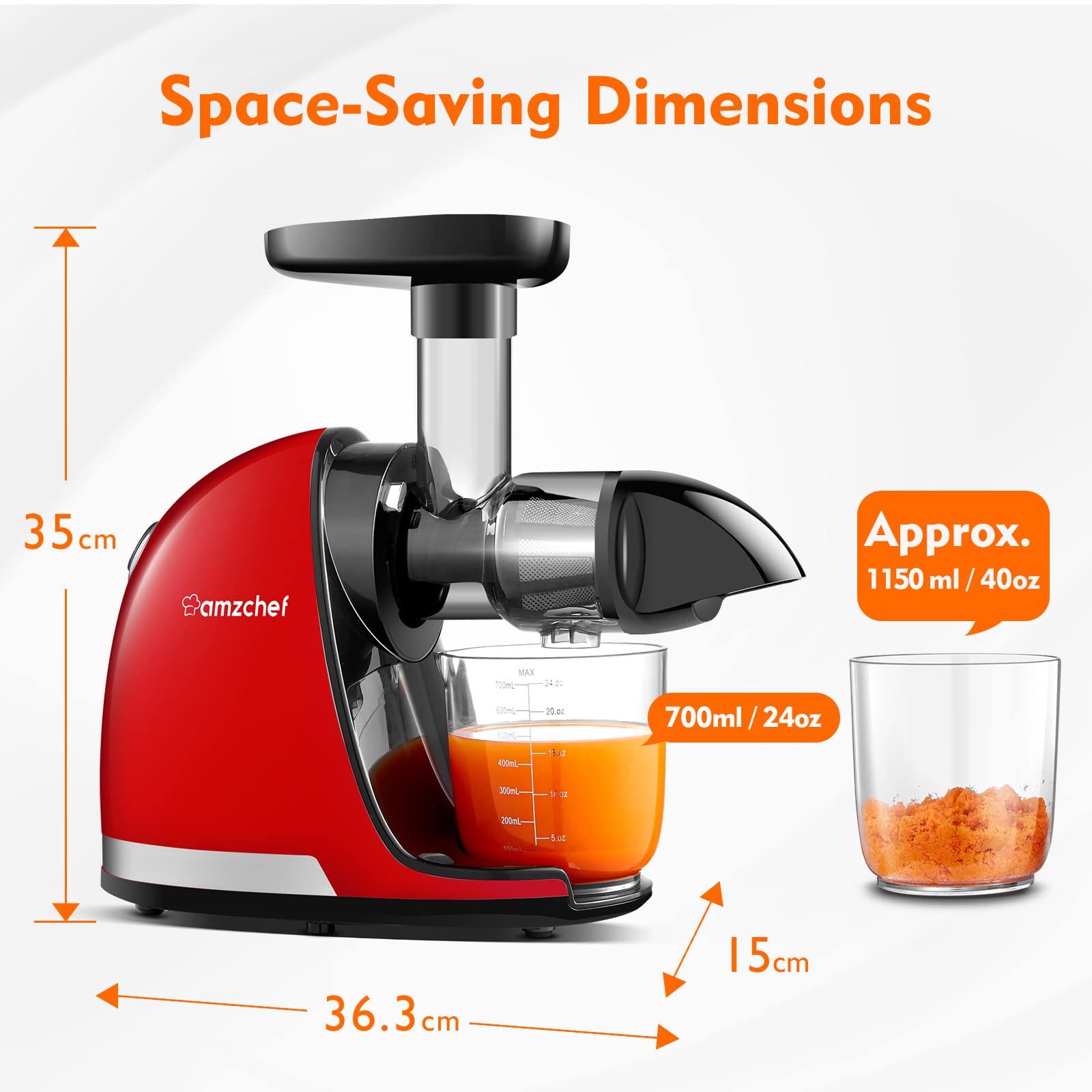 AMZCHEF Juicer Machines - Cold Press Slow Juicer - Masticating Juicer for Whole Fruits and Vegetables - Delicate Chew No Need to Filter - BPA Free Juice Extractor with 2 Cups and Brush - Black