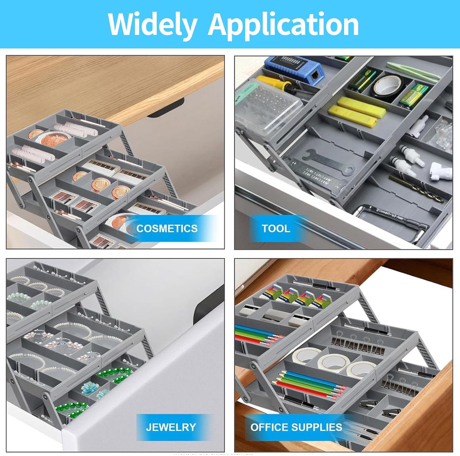 3-Tier Expandable Drawer Organizer, Folding Multi-Level Makeup & Office Storage Tray
