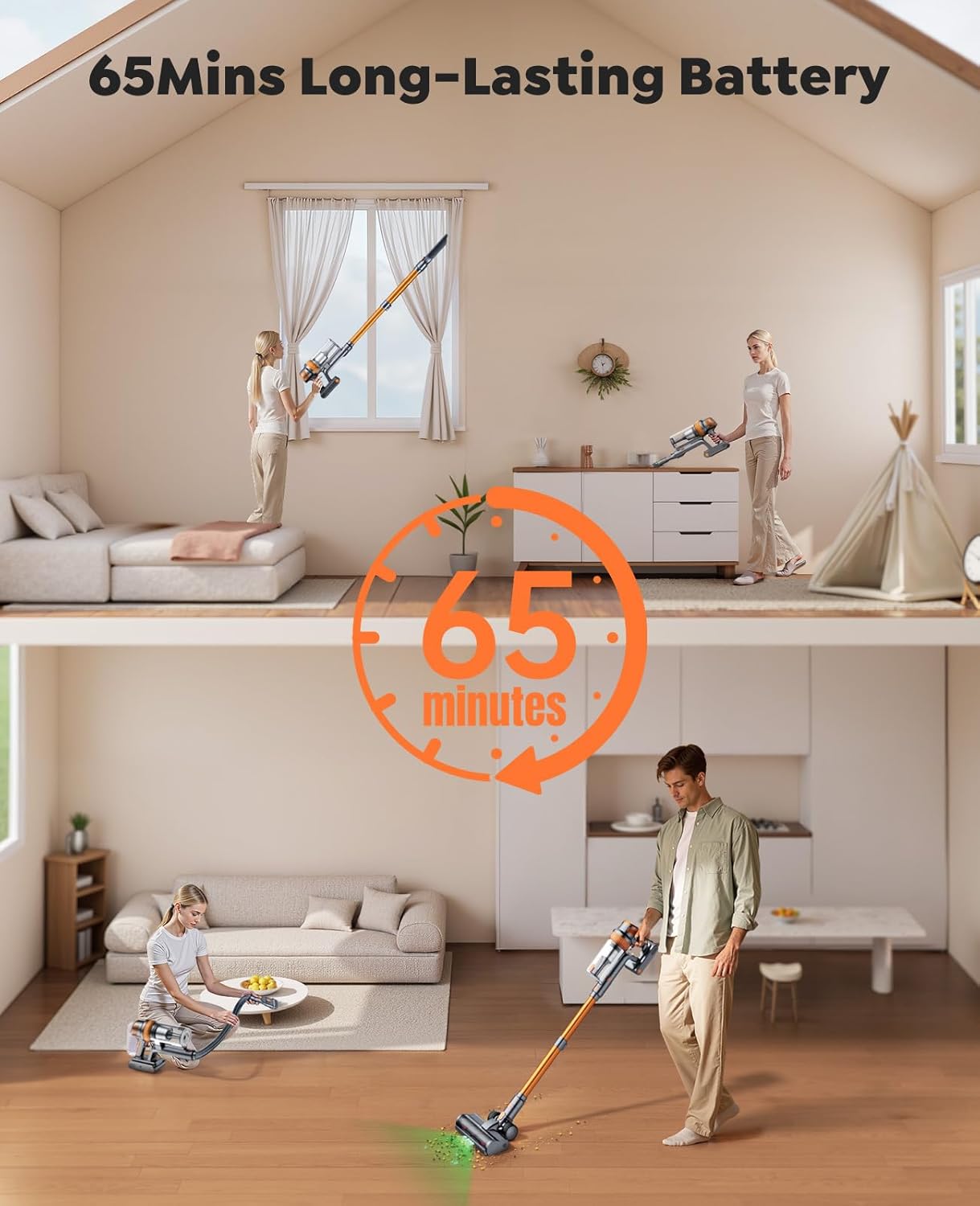SMOTURE 600W Cordless Vacuum Cleaner, 50KPA Suction, 65Min Runtime, Touch Screen & Wall Mount, Anti-Tangle Design – VAC04