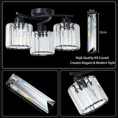Ceiling light fixture with crystal accents and dimensions on a black background