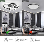 Comparison of LED light fixture with smartphone showing no flicker and eye damage, versus another fixture with flicker and eye damage.
