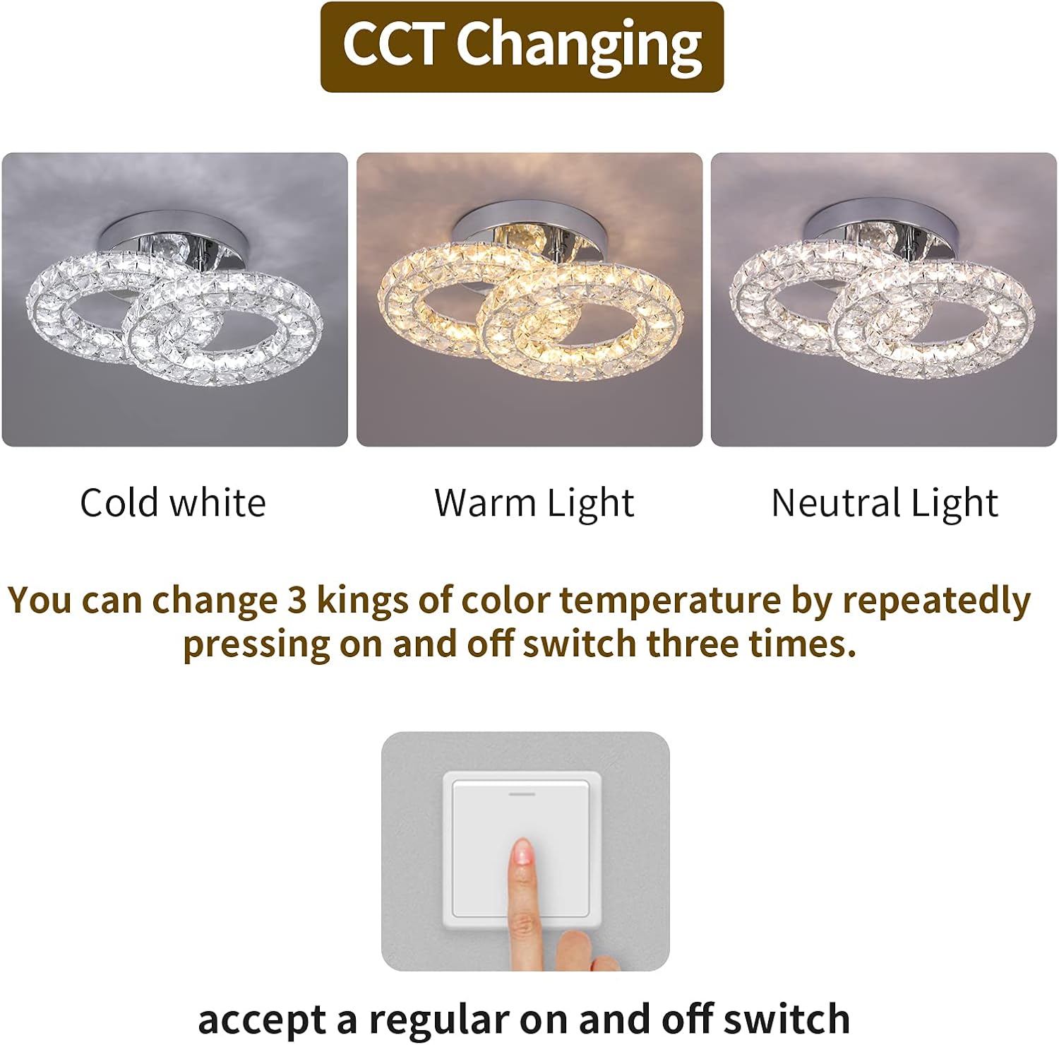 Crystal LED Ceiling Light Fixture, Modern 2-Ring Flush Mount Chandelier