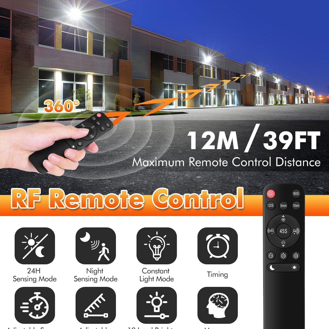 RF remote control with maximum remote control distance and features displayed against a building background.