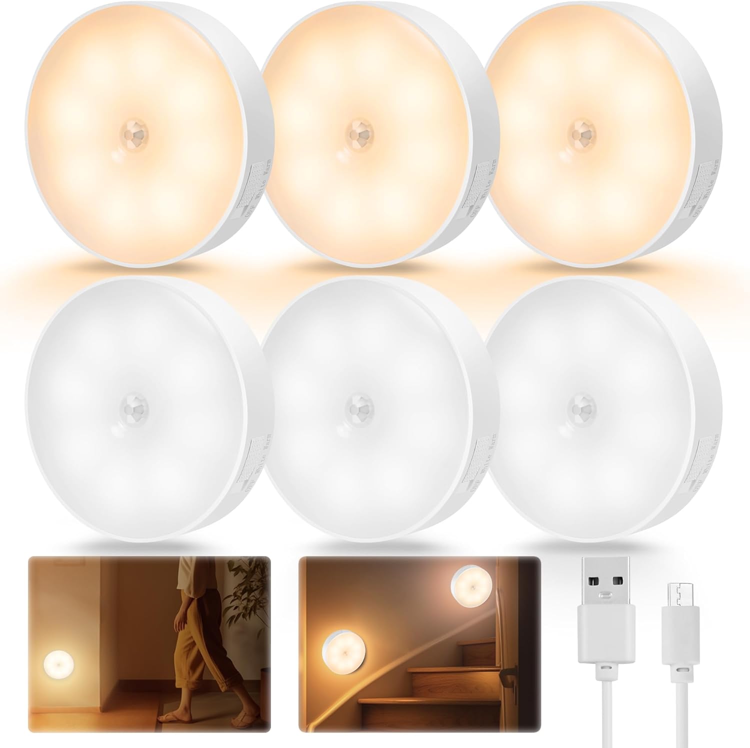 Motion sensor LED night lights: USB rechargeable, battery operated, wireless magnetic lamps (6-pack)