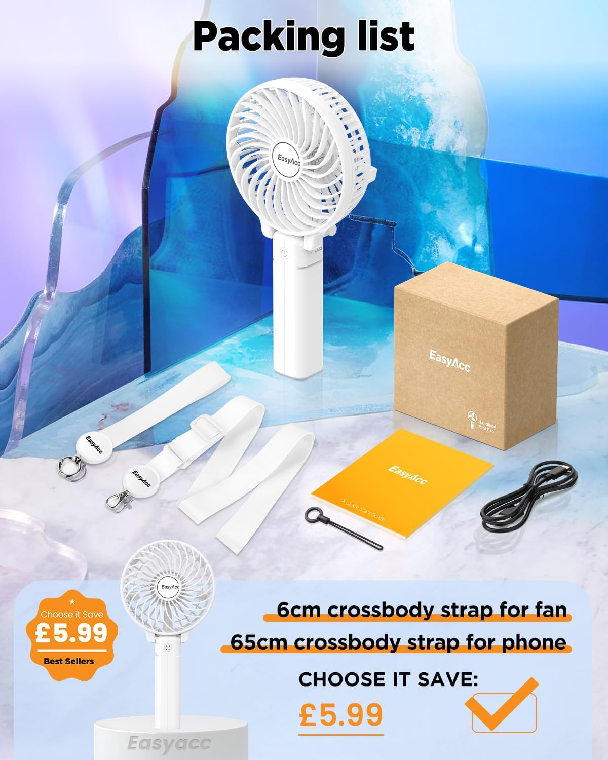 EasyAcc Handheld Fan USB Fans Portable Hand Fan 3 Speeds 180° Foldable with 6 Blades Personal Electric Mini Outdoor Fan with Rechargeable Battery Foldable Handle Desktop for Home Travel Outdoor- White