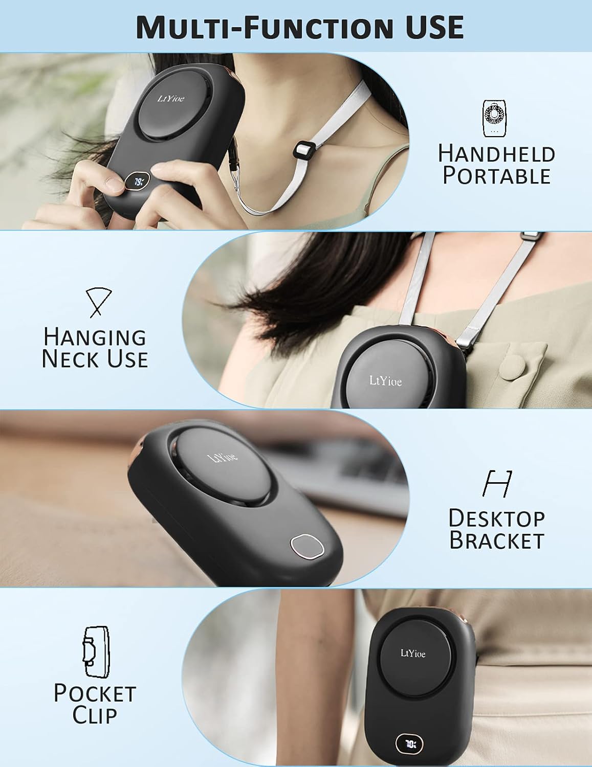 Handheld Mini Fan - Rechargeable Personal Eyelash Fan With Strong Airflow, LED Smart Display, 3 Speed for Desk, Home, Travel, Office, Outdoor (Black)