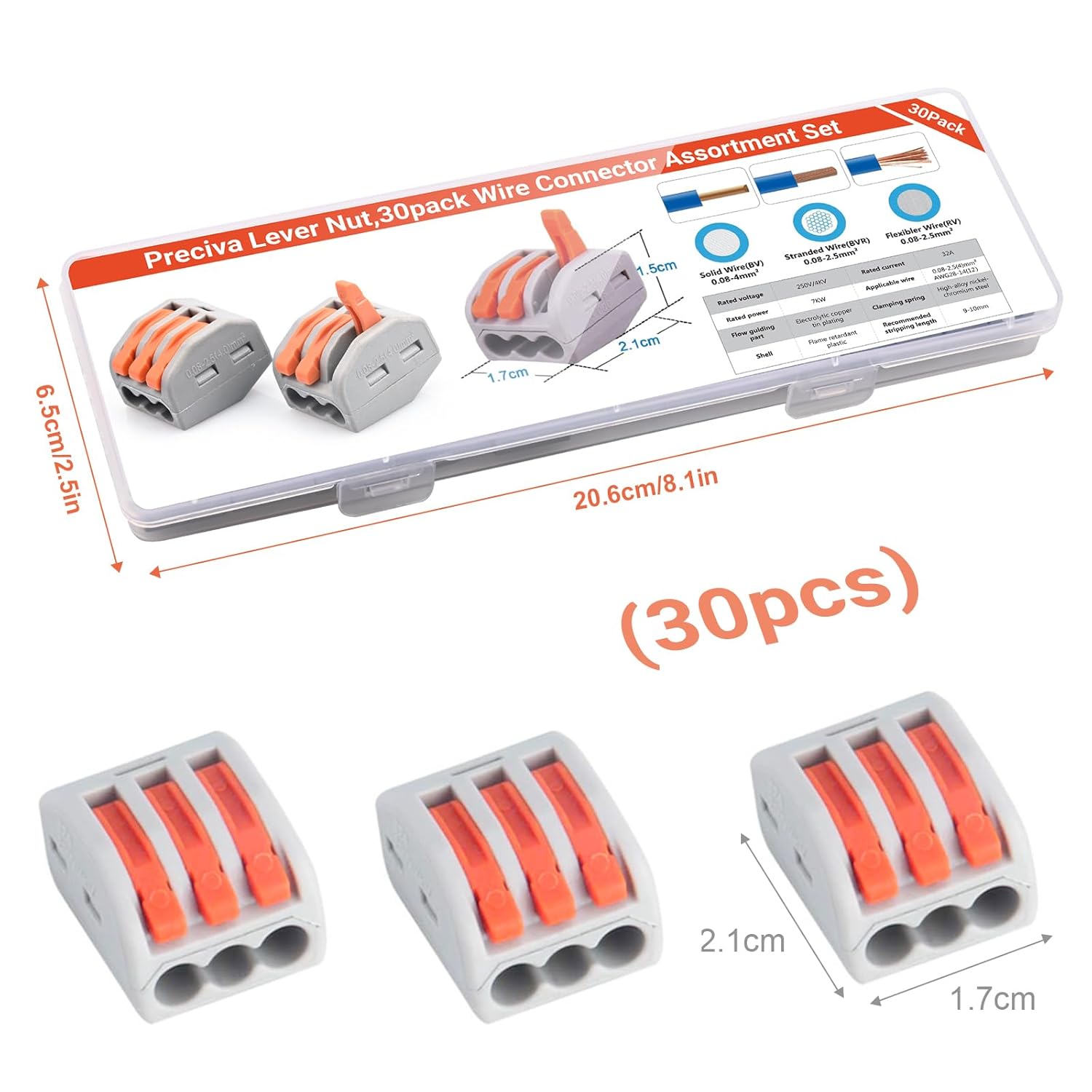 Preciva 30pcs Wire Connectors, Electrical Connector Blocks, 3 Way Compact Cable Terminals Clips Terminal Block Quick Spring, Lever Nut Assortment Conductor with Clamp 3-Port (30PCS)