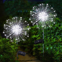 Solar Garden Lights 2 Pack 120 LED Firework Solar Lights Outdoor Garden, 8 Modes Solar Pathway Lights Waterproof Dandelion Solar Lights for Patio FlowerBoxes Party Decorations - White