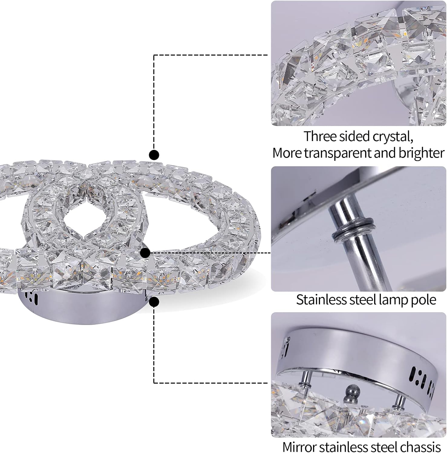 Crystal Chandelier Light Fixture LED Ceiling Lamp 2-Rings Flush Mount