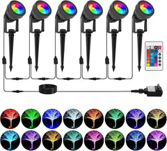 RGB Garden Spotlights Mains Powered, 6-in-1 16 RGB Colors 4 Lighting Modes Landscape Lights 12V/24V Garden Light with Ground Spike IP65 Waterproof Outdoor Pathway Lighting Yard Lawn