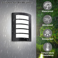 Outdoor wall light fixture with raindrop effects and weather resistance icons on a gray background.