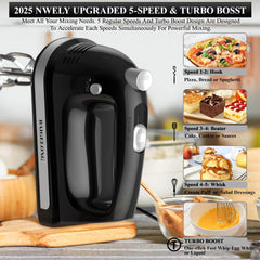 Hand Electric Mixer 300W – 5 Speeds + Turbo Boost, 5 Stainless Steel Attachments, Handheld Blender for Baking – Black
