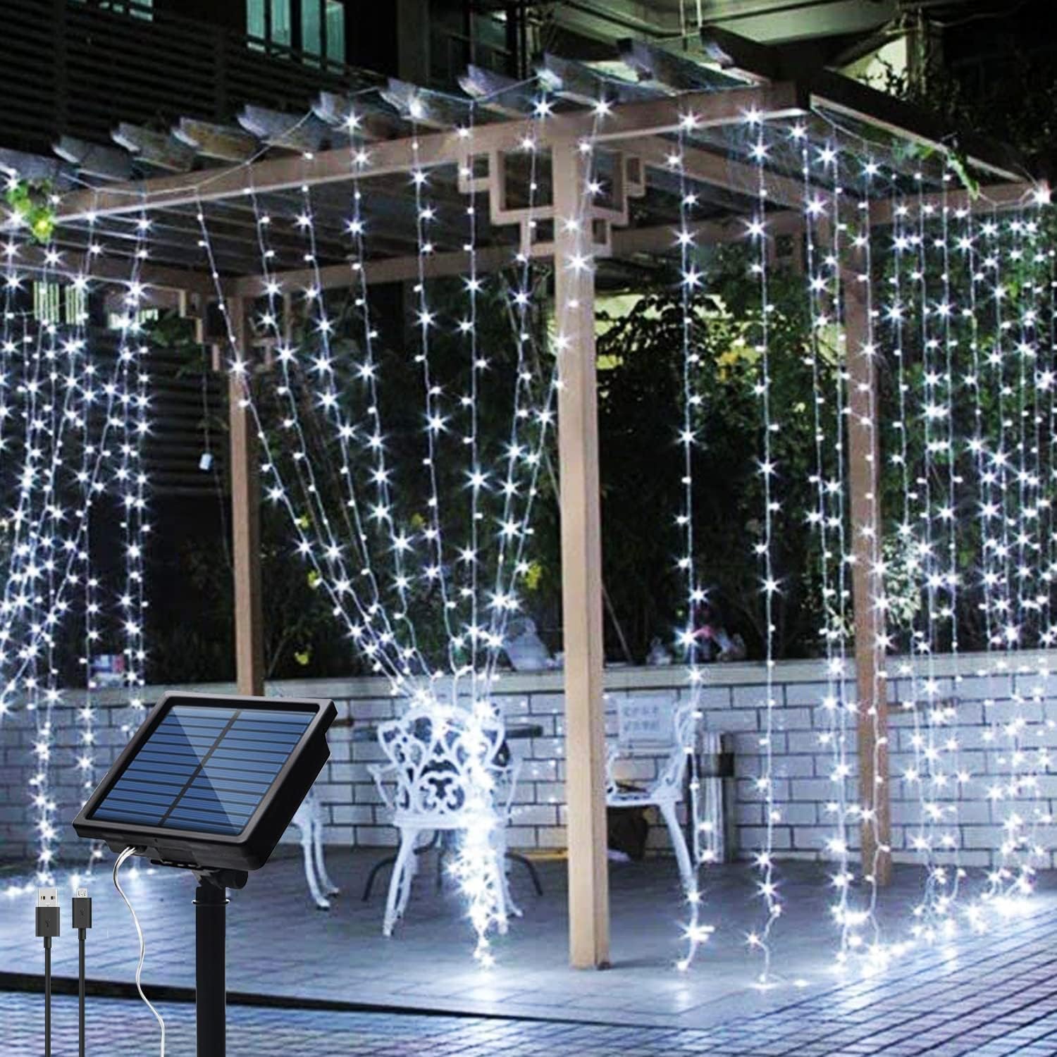 IMAGE 3Mx3M Solar Curtain Lights Garden LED String Curtain Light with 8 Lighting Modes Waterproof Cool White Fairy Curtain Light for Christmas Wedding Party Home Outdoor Decoration