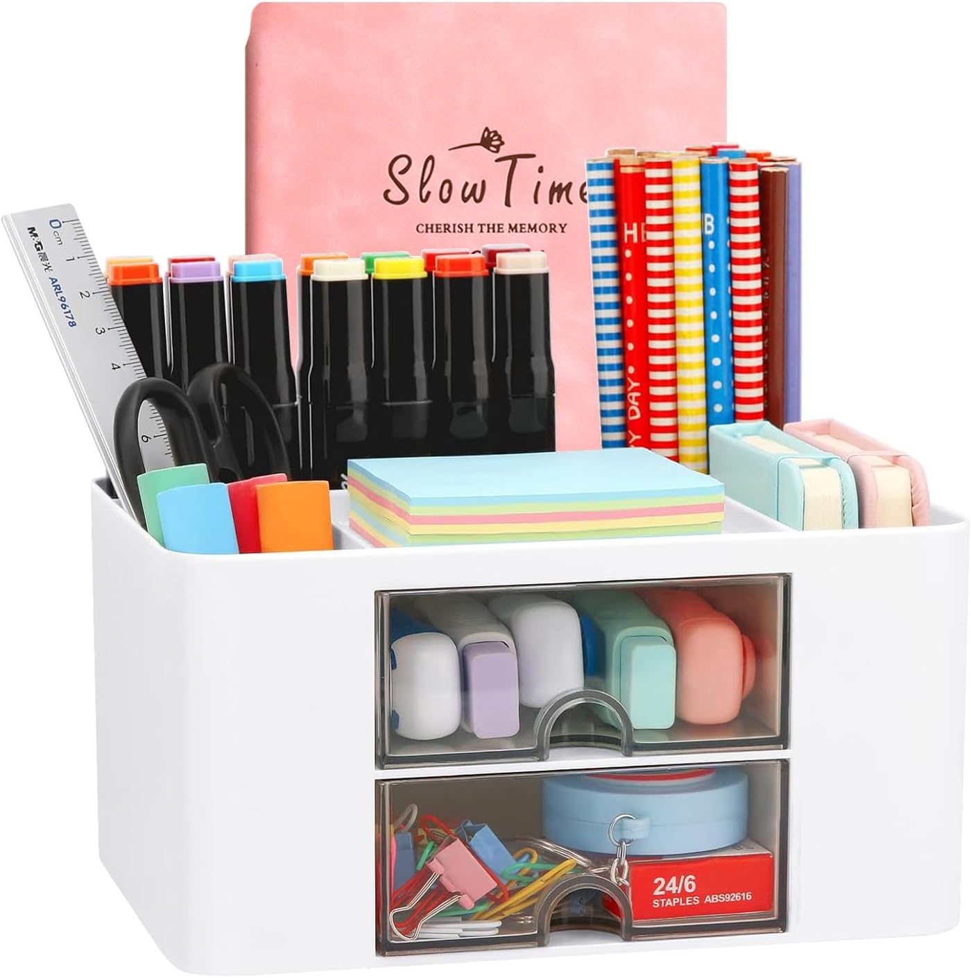 7-Grid Creative Desk Organiser with Drawer – Pink Plastic Pen & Table Storage Box
