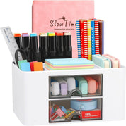 7-Grid Creative Desk Organiser with Drawer – Pink Plastic Pen & Table Storage Box