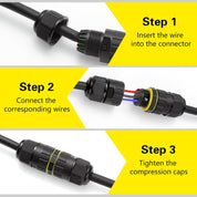 Step-by-step guide on connecting wires to a connector with yellow arrows and text labels.
