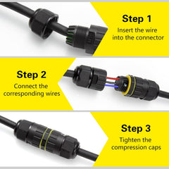 Step-by-step guide on connecting wires to a connector with yellow arrows and text labels.