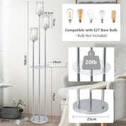Floor lamp with dimensions and bulb compatibility information displayed.