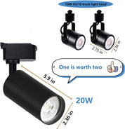Black track light heads with measurements and text on a white background