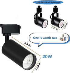 Black track light heads with measurements and text on a white background